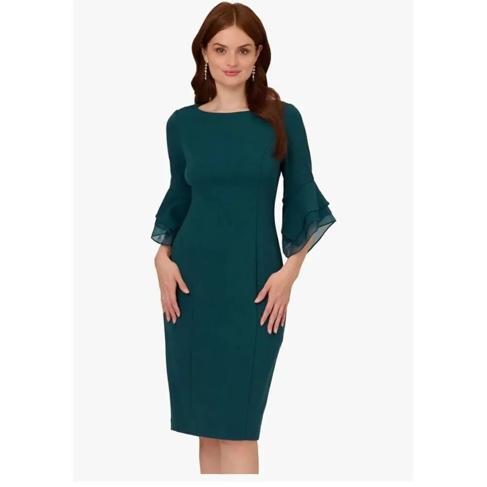 Adrianna Papell Women's Knit Crepe Tiered Sleeve Dress Size 14 Hunter Green